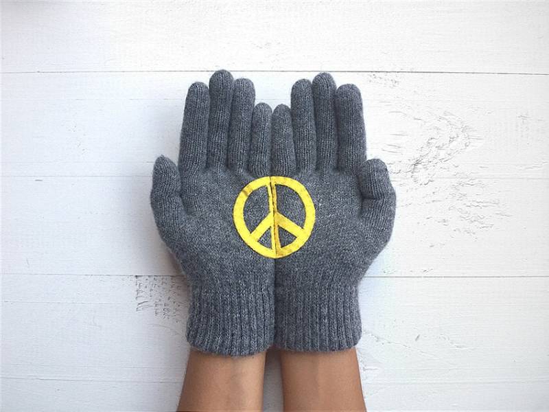 Handgefertigte Handschuhe Aus Wolle Graue Peace Zeichen Handschuhe, Gemütliches Winter Geschenk von talkingloves