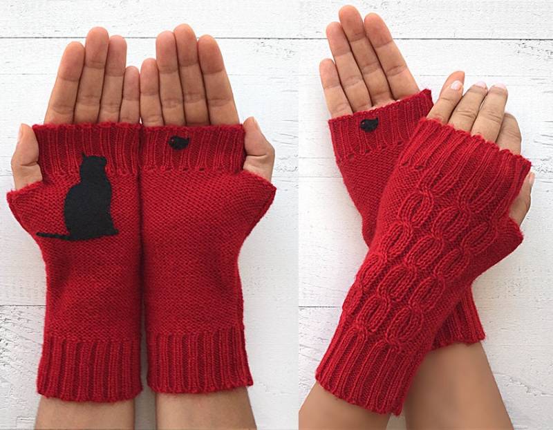 Rote Wolle Fingerlose Handschuhe Katze & Vogel Stricken Handstulpen von talkingloves