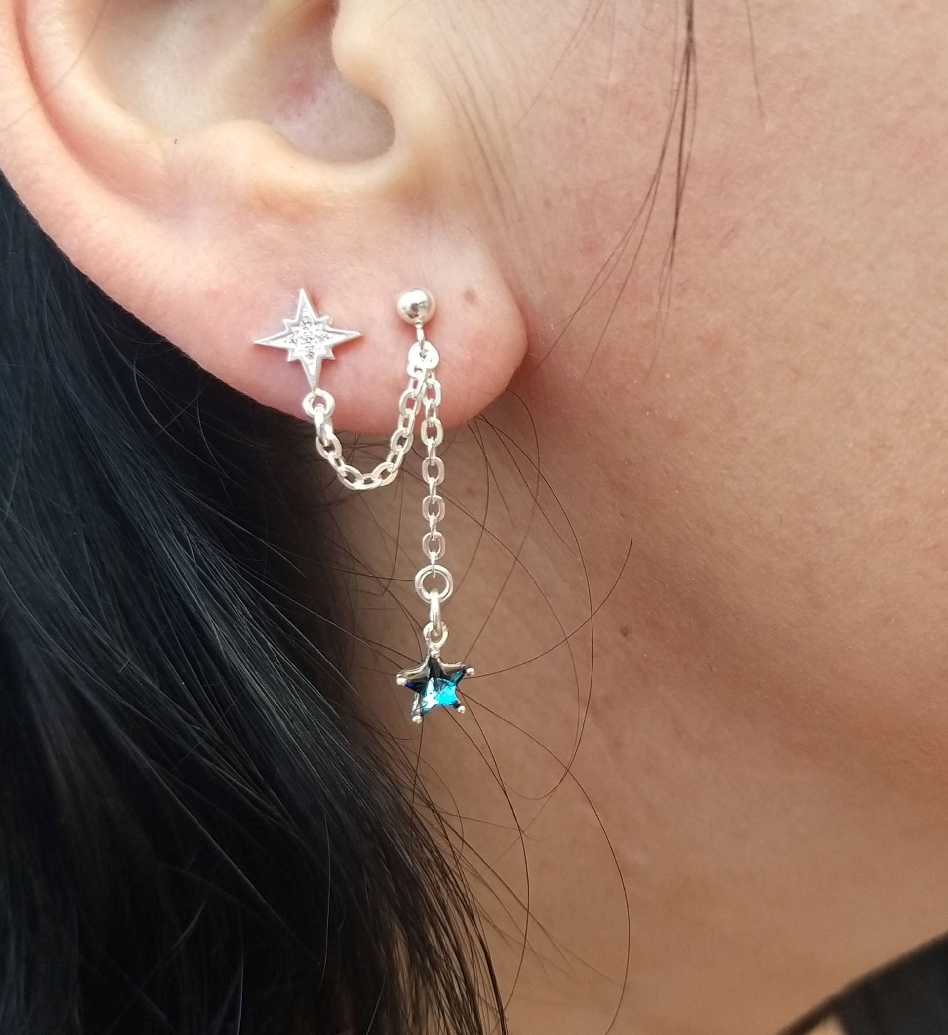 Doppel-Piercing Blue Star Ohrring, Zwei Löcher Kettenglied-Ohrring, Kettentropfen von tamarmani