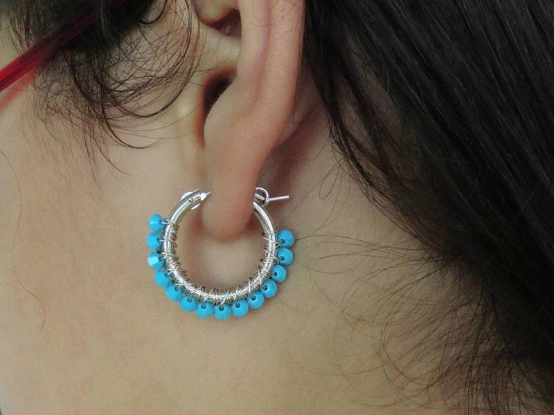 Srerling Silber Creolen, Türkis Ohrringe, Swarovski Damen Schmuck, Draht Gewickelt Medium Geschenk Form Sie von tamarmani