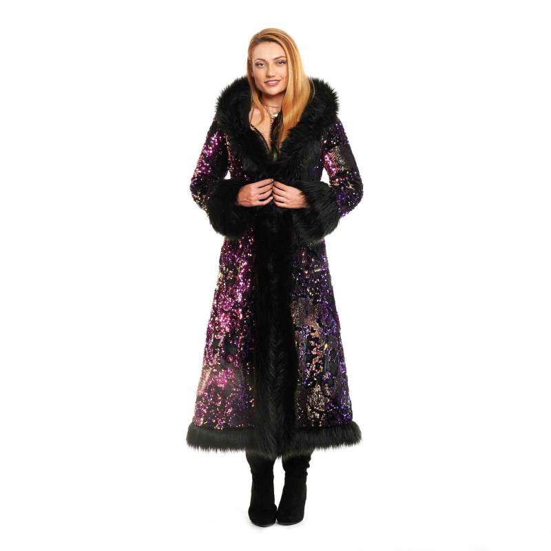Baroness Lila Regen Pailletten Mit Schwarzem Kunstfell Mantel, Festival Kleidung Baroness Lila Regen Pailletten Mit Schwarzem Kunstfell Mantel, Festival Kleidung von tamodesign