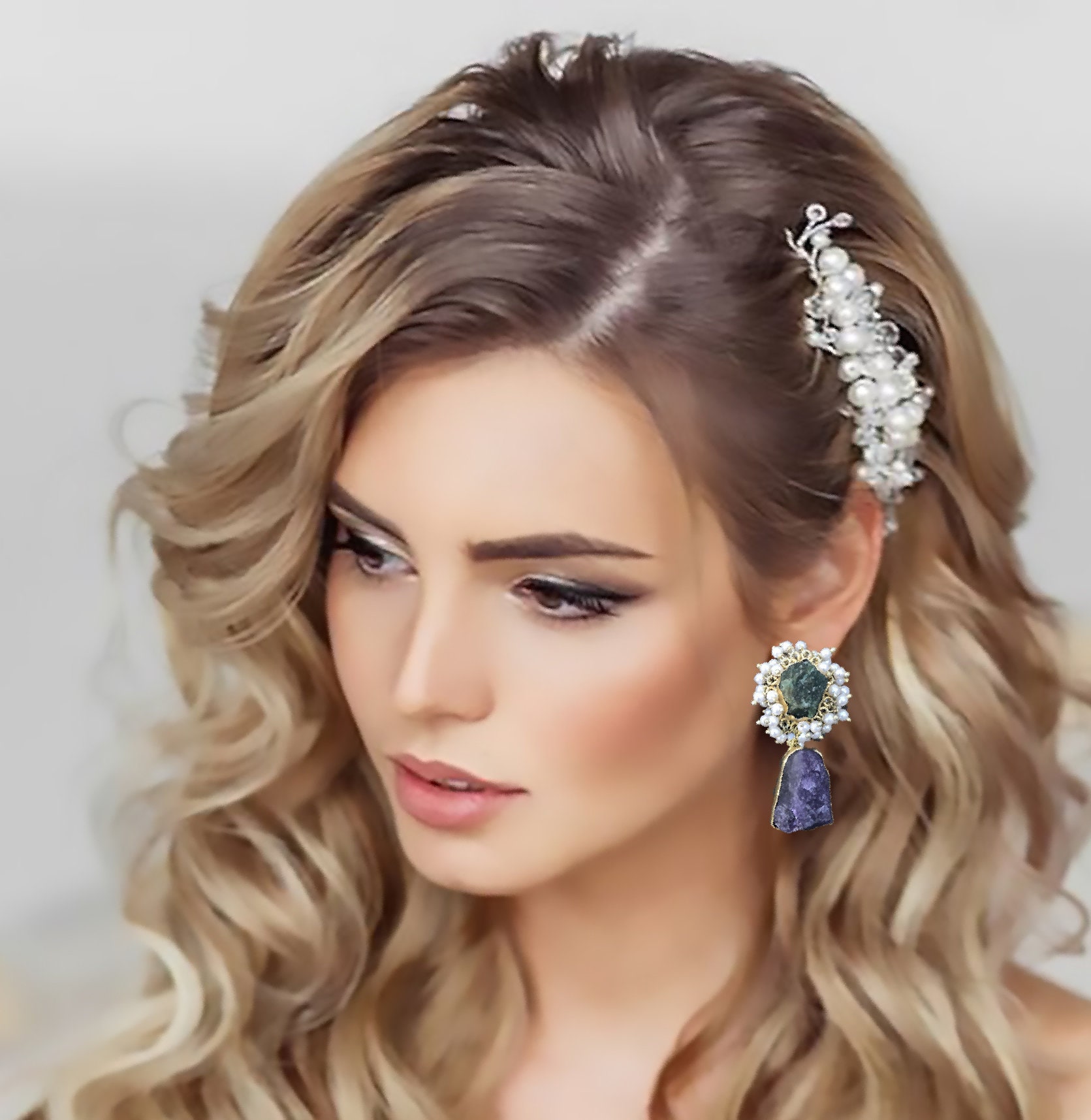 Amethyst Perle Ohrringe-Braut Ohrringe-Hochzeit Schmuck-Rohe Ohrstecker-Lünette Set-Minimalist Moderne Ohrring-Drusy Ohrring Türkisch von taneesijewelry