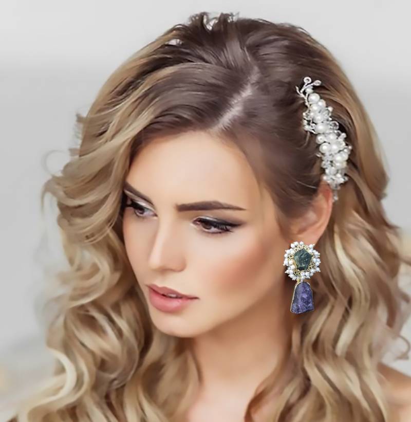 Amethyst Perle Ohrringe-Braut Ohrringe-Hochzeit Schmuck-Rohe Ohrstecker-Lünette Set-Minimalist Moderne Ohrring-Drusy Ohrring Türkisch von taneesijewelry