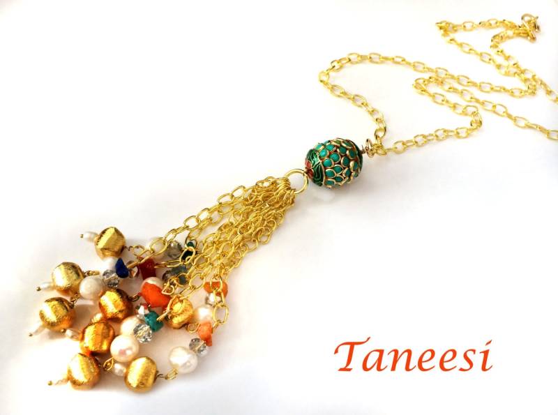 Gold-Fransen-Halskette, Pacchi-Arbeit, Türkisfarbene Goldene Lange Halskette, Lasso, Statement-Schmuck, Reisperlen-Halskette Von Taneesi von taneesijewelry