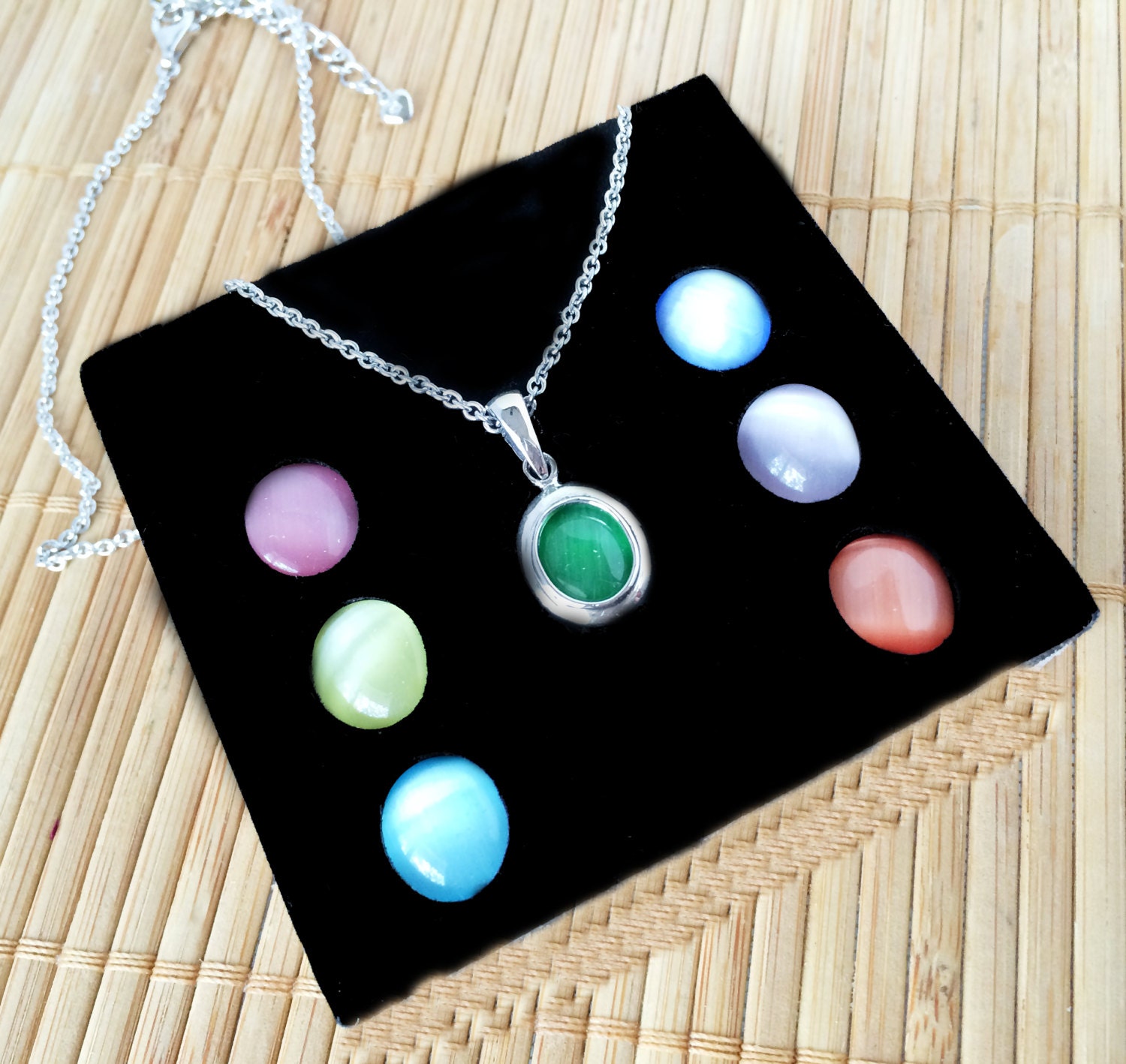 Catseye Medaillon Halskette, Silber Kette, Austauschbare Edelstein Anhänger von taneesijewelry