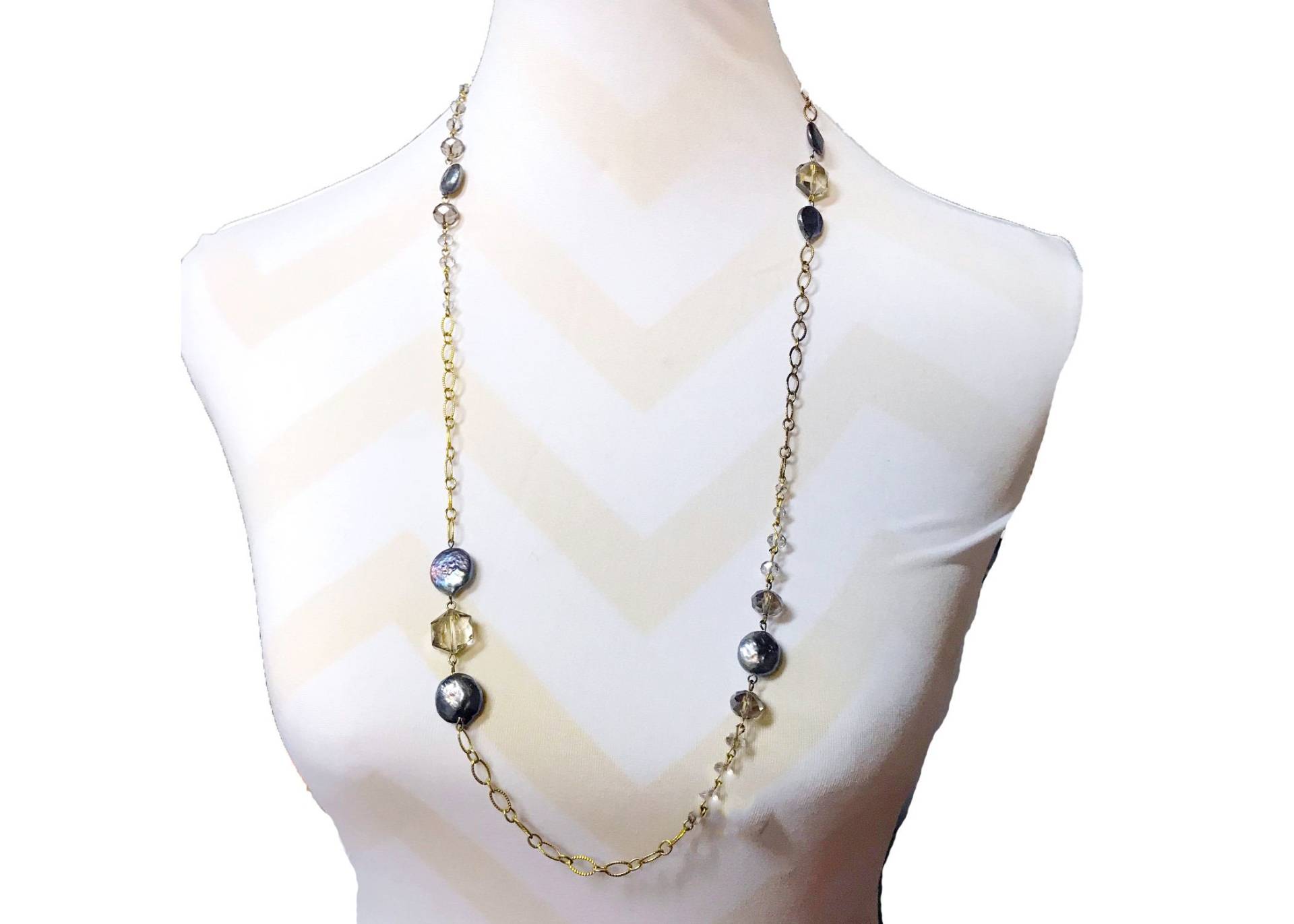 Lange Keshi Perlenkette, 22K Vergoldete Kette, Kristallhochzeitsschmuck von taneesijewelry