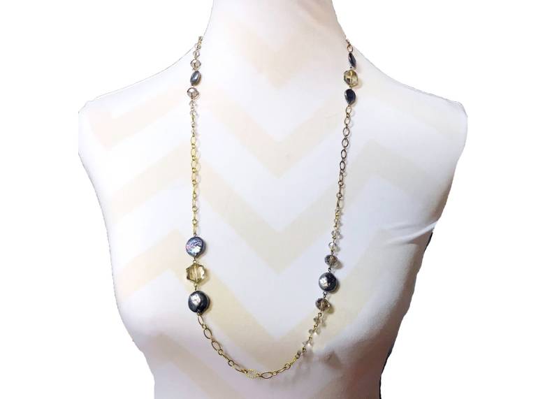 Lange Keshi Perlenkette, 22K Vergoldete Kette, Kristallhochzeitsschmuck von taneesijewelry