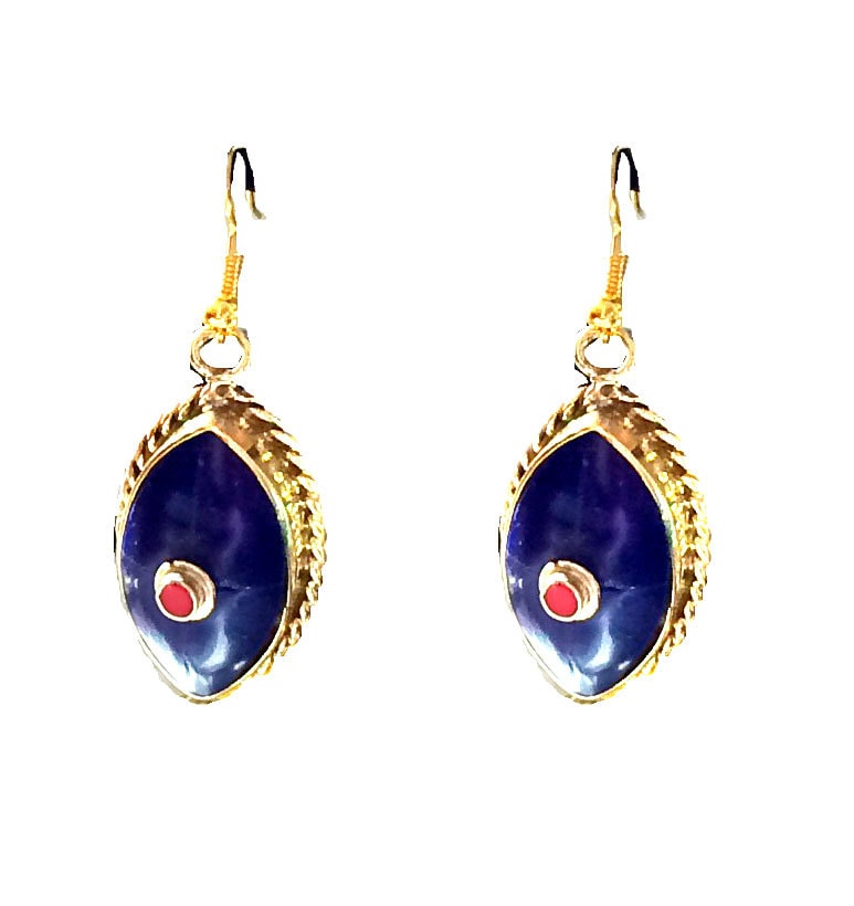 Lapislazuli-Ohrringe, Nepal-Schmuck, Lapislazuli-Schmuck, Nepal-Ohrringe, Lünetten-Set, Brautschmuck, Gold Vermeil, Handgefertigte Ohrringe Von von taneesijewelry