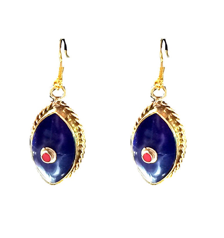 Lapislazuli-Ohrringe, Nepal-Schmuck, Lapislazuli-Schmuck, Nepal-Ohrringe, Lünetten-Set, Brautschmuck, Gold Vermeil, Handgefertigte Ohrringe Von von taneesijewelry