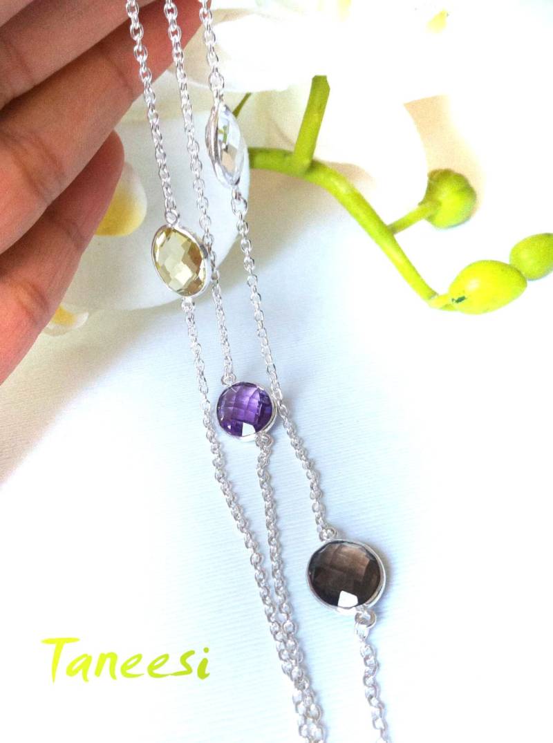 Ostern Verkauf Lünette Armband 925 Sterling Silber, Lila Amethyst-Gelb Topaz - White Quarz- Smokey Topaz-Kettenarmband Stacking -Bez von taneesijewelry