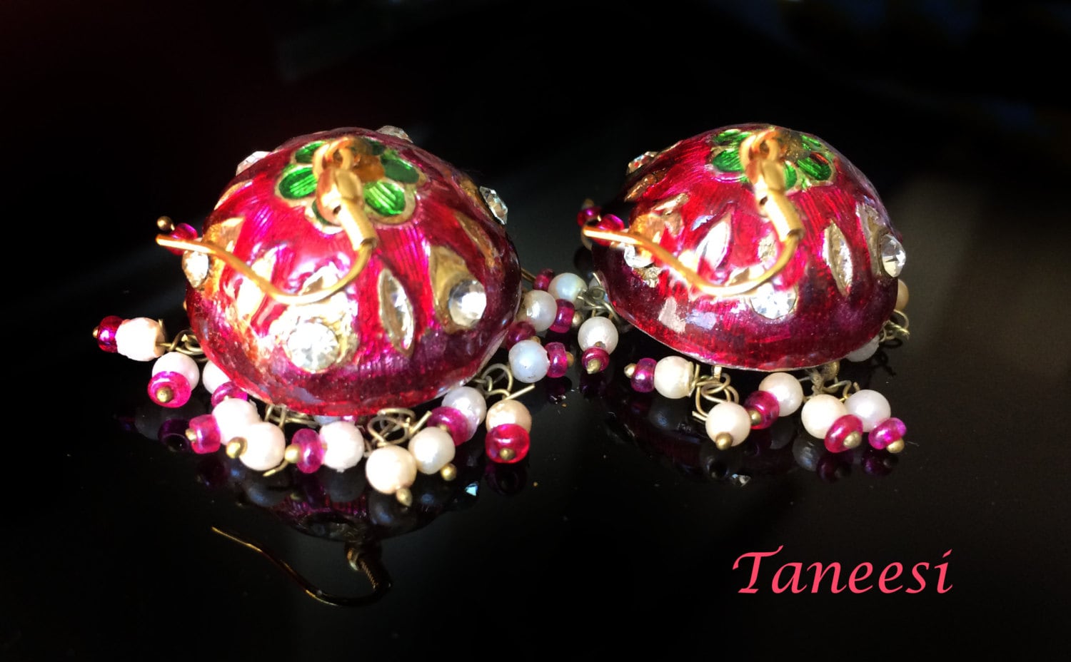 Pink Jhumka Ohrringe, Jaipur Lac Ohrringe, Pink Gold Jhumkas, Kuppel Ohrringe Kristall Ohrringe, Vintage Schmuck Von Taneesi von taneesijewelry