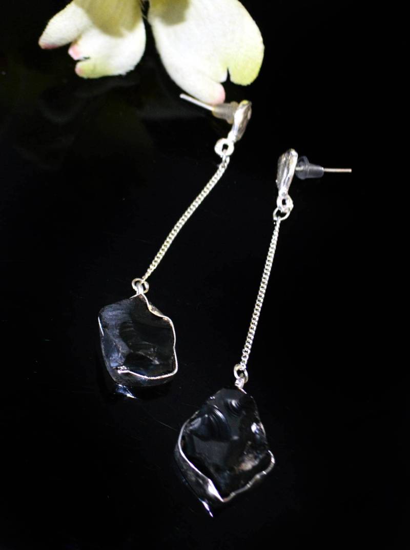 Schwarzer Onyx Silber Ohrringe-Dangle Ohrringe-Lünette Set-Minimalist Moderne Ohrringe-Drusy Ohrring Post-Druzy Schmuck Taneesi von taneesijewelry