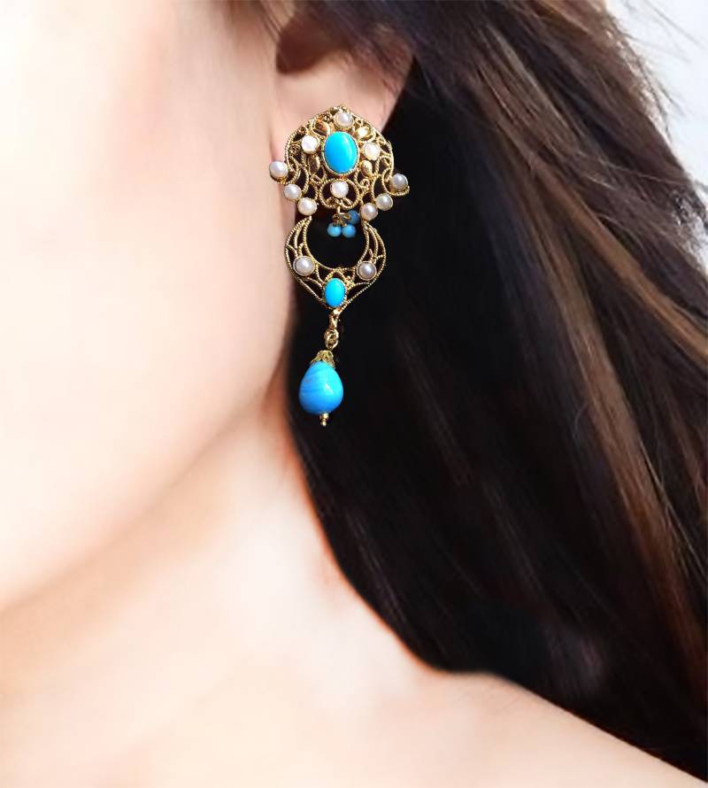 Türkis Gold Ohrringe-Braut Ohrringe-Kashmiri Hochzeit Schmuck-Braut Kollektion-Türkis Ohrringe-Perlenschmuck Von Taneesi Yep243T von taneesijewelry