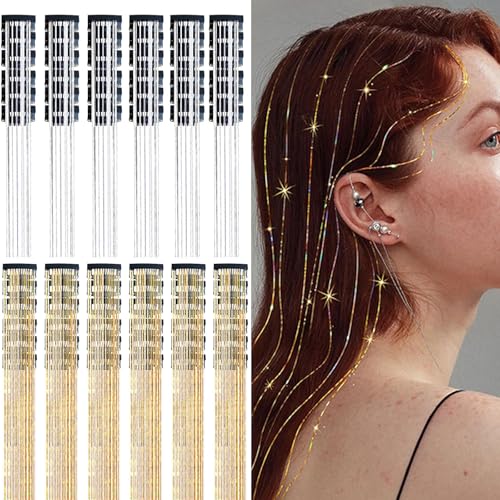 Tangger 12 Stück Glitzer Haarsträhnen 20in Haarsträhnen Kinder Haarsträhnen mit Klammer Hair Tinsel Zum Einflechten Extensions Haarverlängerung Haar Lametta Glitzer Haare für Mädchen Frauen von tangger