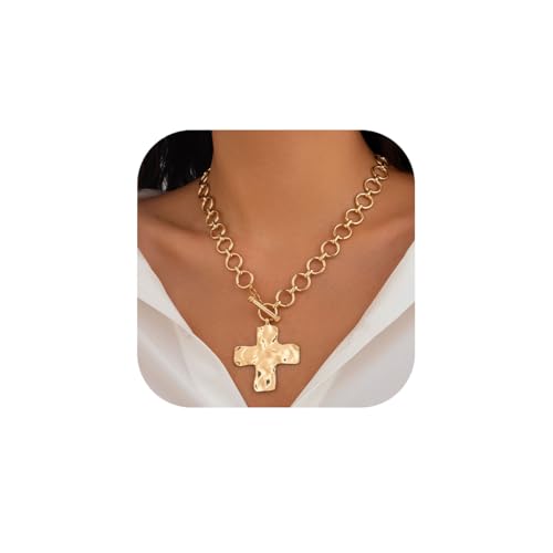 tanguan Goldfarbene klobige Kreuz-Halskette für Damen, Statement-Gold-Kreuz-Anhänger, mehrlagige Halsketten, gehämmerte Büroklammer, dicke Kette, Schmuck, Vintage-Knebelverschluss, Uniform size von tanguan
