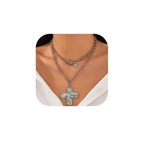 tanguan Goldfarbene klobige Kreuz-Halskette für Damen, Statement-Gold-Kreuz-Anhänger, mehrlagige Halsketten, gehämmerte Büroklammer, dicke Kette, Schmuck, Vintage-Knebelverschluss, Uniform size von tanguan