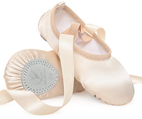 Ballettschuhe Rosa Ballettschläppchen Satin mit Band Tanzschuhe Geteilte Ledersohle für Mädchen Kinder Damen,Beige EU 25 von tanzdunsje