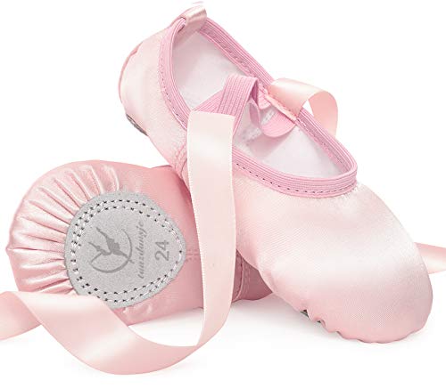 Ballettschuhe Rosa Ballettschläppchen Satin mit Band Tanzschuhe Geteilte Ledersohle für Mädchen Kinder Damen,Rosa EU 26 von tanzdunsje