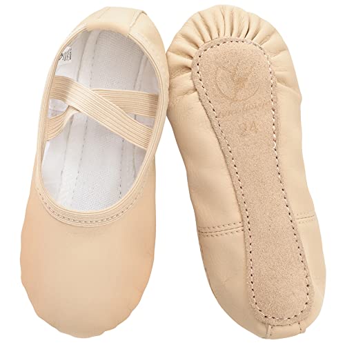 Ballettschuhe aus Leder mädchen Ballettschläppchen Tanzschuhe mit Ganze Ledersohle für Kinder Damen, Beige 25 von tanzdunsje