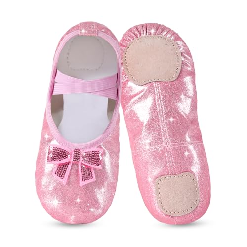 Ballettschuhe für Mädchen, Kleinkind Kinder Ballettschläppchen Glitter Design mit einem niedlichen Bogen geteilt Ballett Tanzschuhe (Rosa, Jugendliche, 31, Numerisch, EU Schuhgrößensystem, M) von tanzdunsje