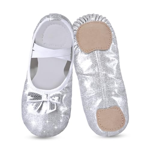 Ballettschuhe für Mädchen, Kleinkind Kinder Ballettschläppchen Glitter Design mit einem niedlichen Bogen geteilt Ballett Tanzschuhe (Silber, Grundschulkind, 25, Numerisch, EU Schuhgrößensystem, M) von tanzdunsje