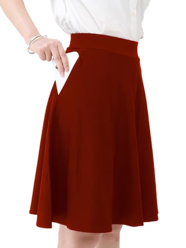 Damen Rock Basic Röcke für Damen mit Hose drunter Knielange Skirt Röcke Solide- Elastischer Bund mit 2 Seitentaschen (DE/NL/SE/PL, Alphanumerisch, M, Regular, Regular, Rot) von tanzdunsje