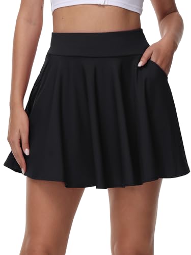 Damen mädchen Basic Rock Schwarzer Rock Damen Mini Skater Rock mit Hose,Taschew vielseitige dehnbaren informell Damen Tennis Rock(L,Schwarz) von tanzdunsje