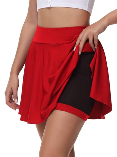 Damen mädchen Basic Rock Schwarzer Rock Damen Mini Skater Rock mit Hose,Taschew vielseitige dehnbaren informell Damen Tennis Rock(M,Rot) von tanzdunsje