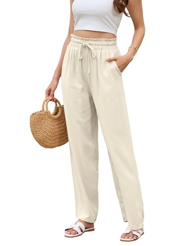 Sommerhose Leinenhose Damen mit Taschen,Palazzo Hose mit elastischem Bund,Hohe Taille Weite Hose Damen Sommer- Weiße Schwarze Sommerhose-S,Khaki von tanzdunsje