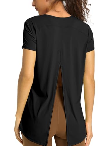 Sport Shirts für Damen,Sportshirt für Fitness Gym Yoga Workout, Freizeit,Schnell trocknende Laufshirt Damen mit Schlitz hinten Kurzarm Sportoberteile Frauen(M, Schwarz) von tanzdunsje