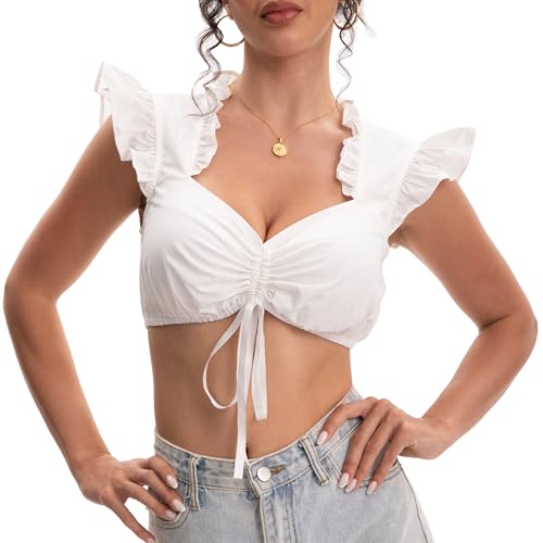 tanzdunsje Dirndl Blouse for Women White Traditional Blouse Damen Trachtenbluse Drawstring Dirndlbluse Flügelärmel für Oktoberfest(XL, Weiß) von tanzdunsje
