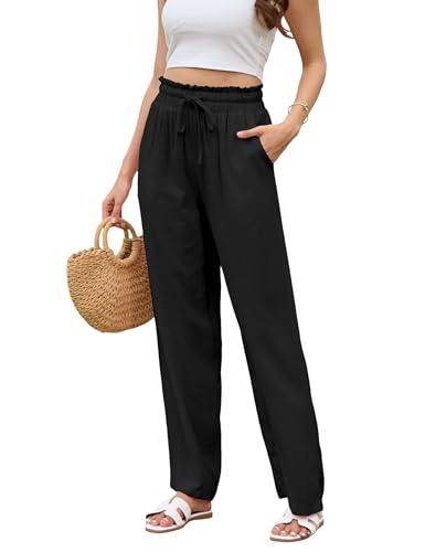 Sommerhose Leinenhose Damen mit Taschen,Palazzo Hose mit elastischem Bund,Hohe Taille Weite Hose Damen Sommer- Weiße Schwarze Sommerhose-S,Schwarz von tanzdunsje