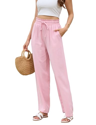 Sommerhose Leinenhose Damen mit Taschen,Palazzo Hose mit elastischem Bund,Hohe Taille Weite Hose Damen Sommer- Weiße Schwarze Sommerhose-XL,Rosa von tanzdunsje