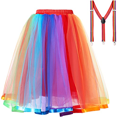 tanzdunsje Tüllrock Damen mit Riemen, Elastischer Bund Tüllrock schwarzer Regenbogen Petticoat 50er-Tutu Unterrock Tütü Ballet Tanzkleid für Damen Teenager Party Halloween-Kostüme von tanzdunsje