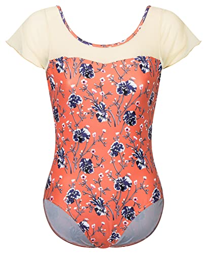 Ballett Trikot Damen Kurzarm - Agnes - glänzend mit Blumenmuster - BH-Pad-Einschub - Ärmel aus Netz - apricot 40 - Tanz Body - Ballettkleidung für Erwachsene von tanzmuster