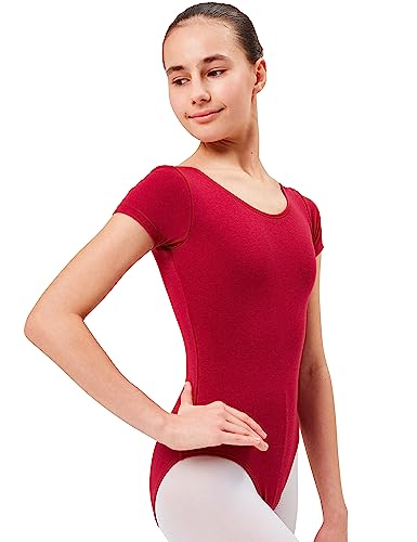 tanzmuster Ballettanzug Mädchen Kurzarm - Sally - aus weichem Baumwollstoff - Ballett Trikot Ballettbody in Burgunder, Größe 152/158 von tanzmuster
