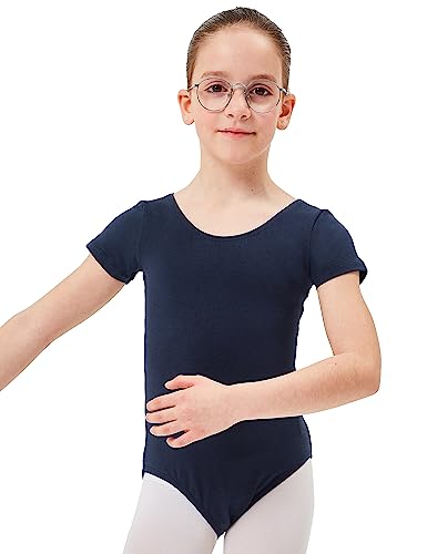 tanzmuster Ballettanzug Mädchen Kurzarm - Sally - aus weichem Baumwollstoff - Ballett Trikot Ballettbody - Marineblau, Größe 128/134 von tanzmuster