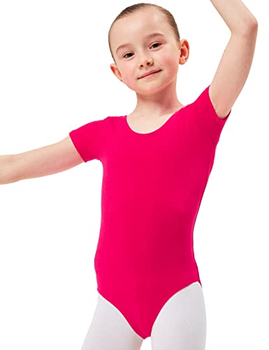 tanzmuster Ballettanzug Mädchen Kurzarm - Sally - aus weichem Baumwollstoff - Ballett Trikot Ballettbody in pink, Größe 128/134 von tanzmuster