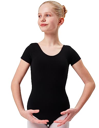 tanzmuster Ballettanzug Mädchen Kurzarm - Sally - aus weichem Baumwollstoff - Ballett Trikot Ballettbody in schwarz, Größe 104/110 von tanzmuster