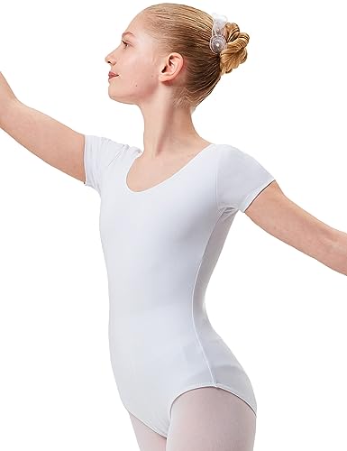 tanzmuster Ballettanzug Mädchen Kurzarm - Sally - aus weichem Baumwollstoff - Ballett Trikot Ballettbody in weiß, Größe 128/134 von tanzmuster