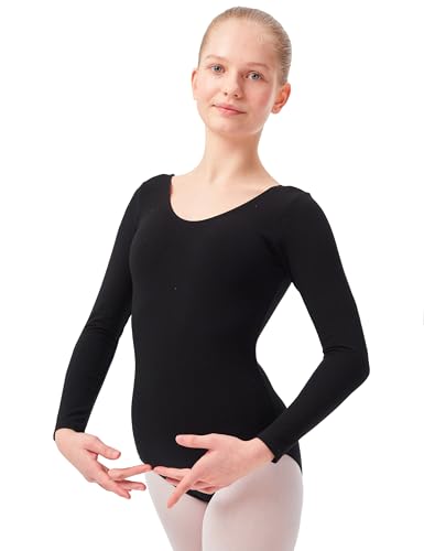 tanzmuster ® Ballettanzug Mädchen Langarm - Lilly - aus Baumwolle, Ballettbody Kinder Ballett Trikot in schwarz, Größe 164/170 von tanzmuster