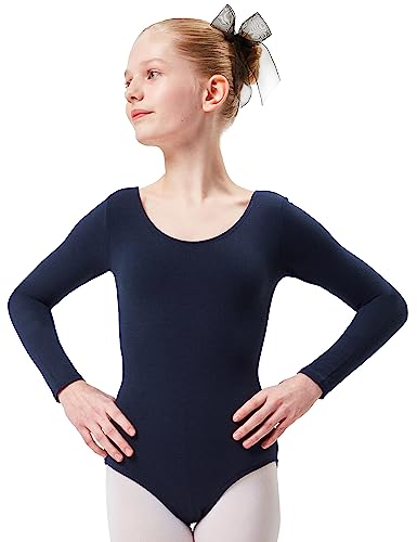 tanzmuster ® Ballettanzug Mädchen Langarm - Lilly - aus Baumwolle, Ballettbody Kinder Ballett Trikot in Marineblau, Größe 116/122 von tanzmuster