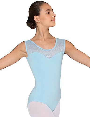 tanzmuster ® Ballettanzug Mädchen ärmellos - Cora - aus weichem Baumwollmaterial mit Spitzeneinsatz vorn Trikot Ballettbody fürs Kinder Ballett in hellblau, Größe:104/110 von tanzmuster