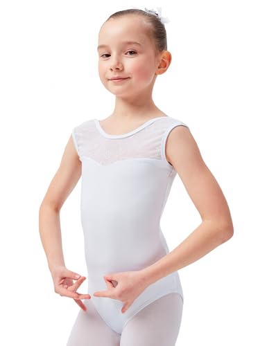 tanzmuster ® Ballettanzug Mädchen ärmellos - Cora - aus weichem Baumwollmaterial mit Spitzeneinsatz vorn Trikot Ballettbody fürs Kinder Ballett in weiß, Größe:128/134 von tanzmuster