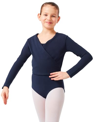 tanzmuster Ballett Wickeljacke Mädchen - Mandy - extra weicher Baumwollstoff - Ballettjacke zum Binden für Kinder - Marineblau 128/134 von tanzmuster