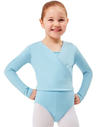 tanzmuster Ballett Wickeljacke Mädchen - Mandy - extra weicher Baumwollstoff - Ballettjacke zum Binden für Kinder - hellblau 116/122 von tanzmuster