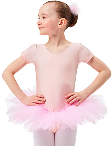 tanzmuster Kinder Ballett Trikot Ballettanzug Alina mit Tutu-Röckchen - Balletttutu aus 3-lagigem Tüll. Zauberhaftes Ballettkleid für Mädchen in Hellrosa, Größe:164/170 von tanzmuster