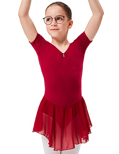 tanzmuster ® Ballettkleid Mädchen Kurzarm - Betty - aus Baumwolle mit Glitzersteinen und Chiffon Röckchen in Burgunder, Größe:128/134 von tanzmuster
