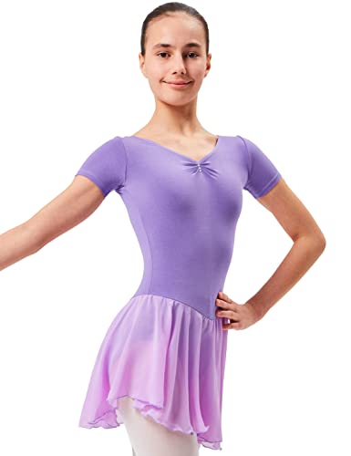 tanzmuster ® Ballettkleid Mädchen Kurzarm - Betty - aus Baumwolle mit Glitzersteinen und Chiffon Röckchen in lavendel, Größe:152/158 von tanzmuster