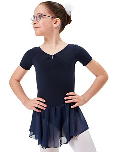 tanzmuster ® Ballettkleid Mädchen Kurzarm - Betty - aus Baumwolle mit Glitzersteinen und Chiffon Röckchen in Marineblau, Größe:116/122 von tanzmuster